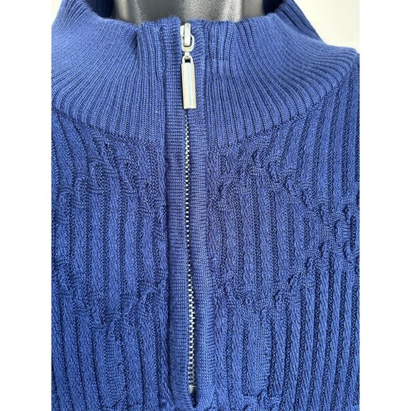Royal Blue Ribbed Knit Pullover With Quarter Zip & Geometric Texture Design - Picture 5 of 13